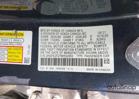 2022 Honda Civic Lx from USA, damaged, VIN 2HGFE2F27NH522953